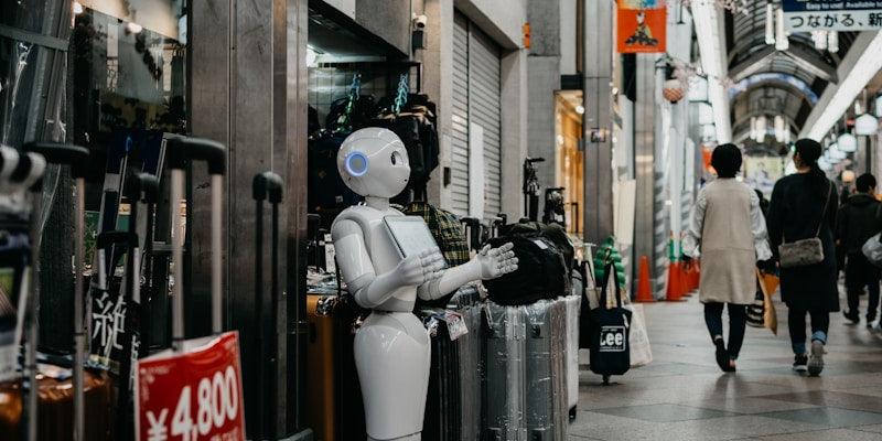 robot standing near luggage bags